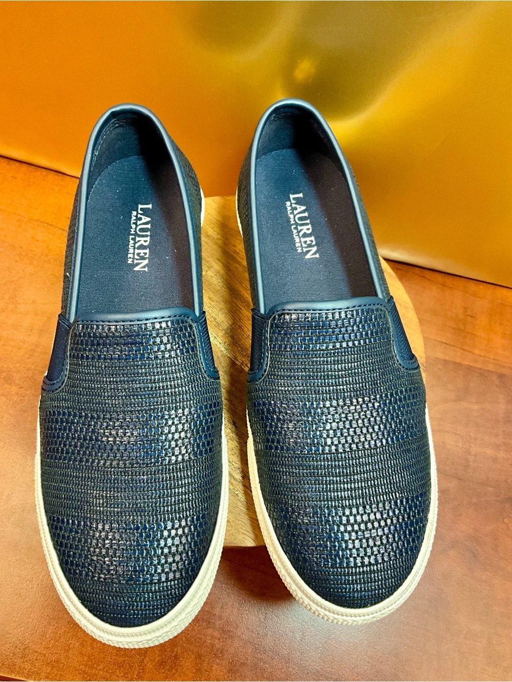 Lauren Ralph Lauren Navy Woven Slip-On Loafers with Cream Sole